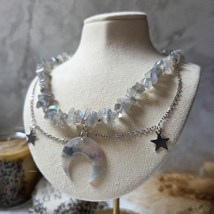 Labradorite Stone Necklace: Polymer Clay Moon Pendant