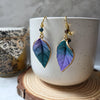 Metallic purple and green leaf earrings / nature woodlands forestcore