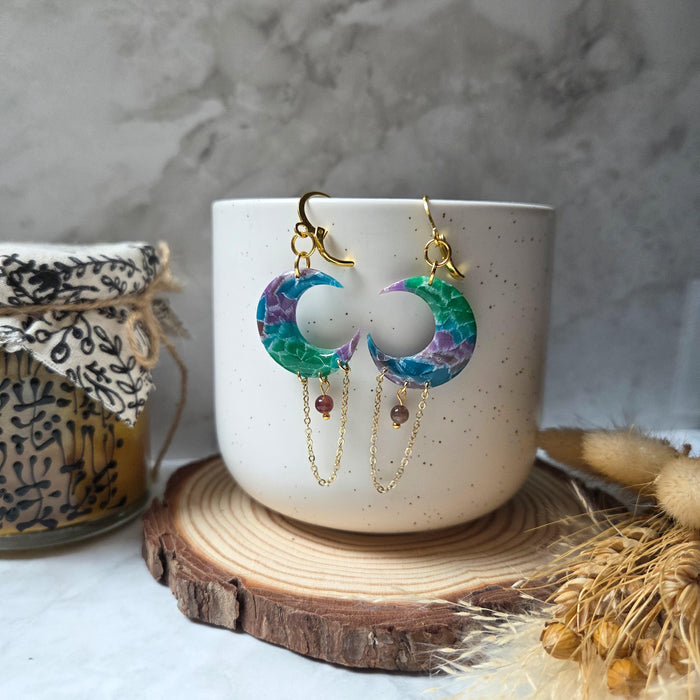 Coloured moons with watermelon tourmaline beads earrings / nature celestial