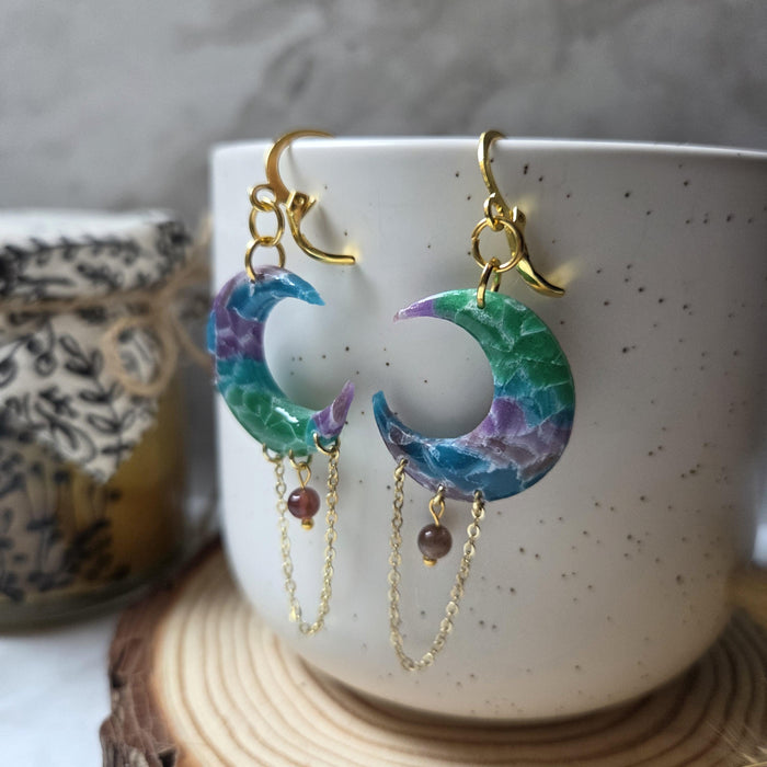 Coloured moons with watermelon tourmaline beads earrings / nature celestial