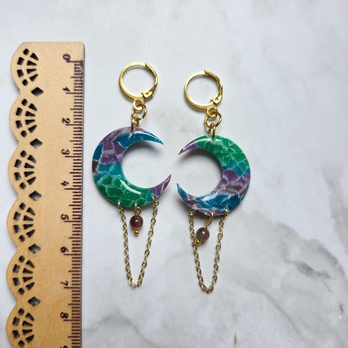 Coloured moons with watermelon tourmaline beads earrings / nature celestial