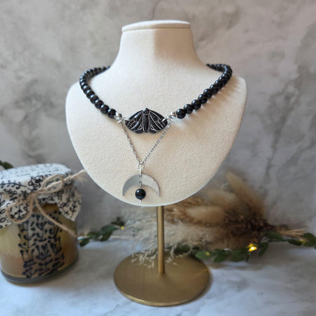 Obsidian crystal necklace with polymer clay moth / handmade / nature jewelry pendant