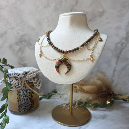 Unakite round beads crystal necklace with polymer clay moon / handmade / nature jewelry pendant