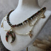 Unakite round beads crystal necklace with polymer clay moon / handmade / nature jewelry pendant