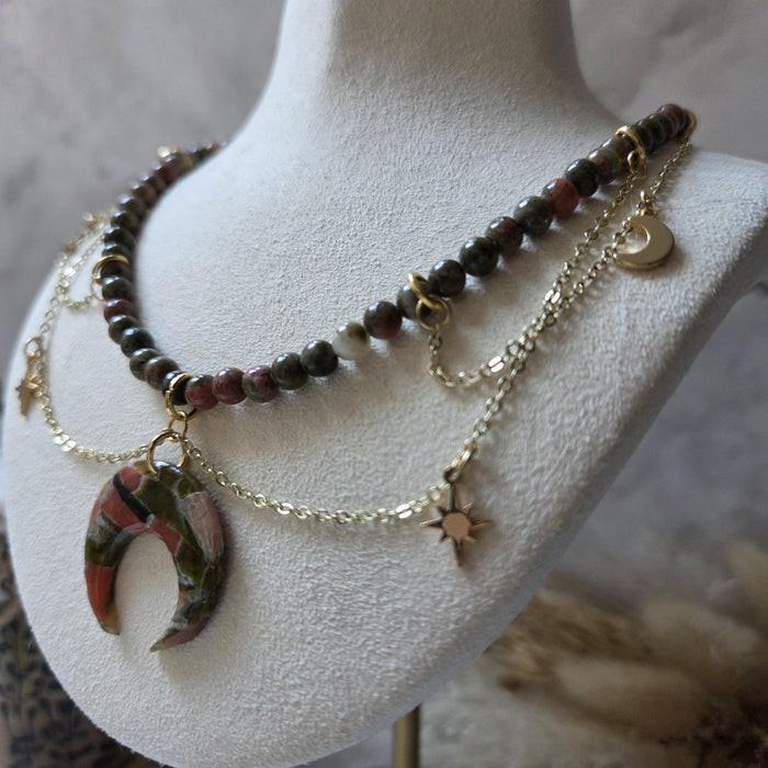 Unakite round beads crystal necklace with polymer clay moon / handmade / nature jewelry pendant