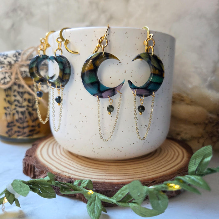 Stained glass effect moons with watermelon tourmaline beads earrings / nature celestial