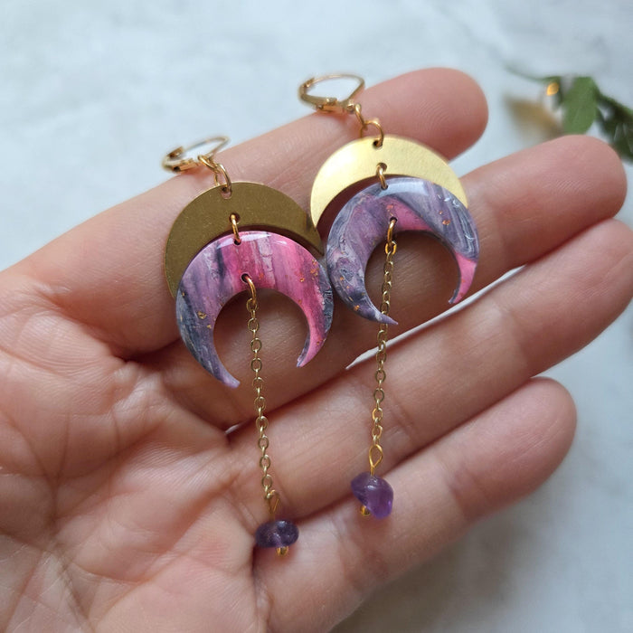 Purple moons with amethyst beads earrings / nature woodlands forestcore