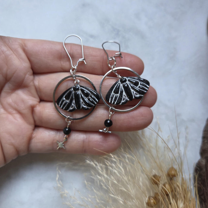 Moth and north stars earrings with obsidian beads