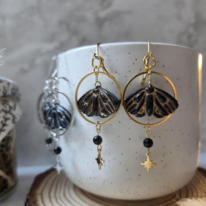 Moth and north stars earrings with obsidian beads
