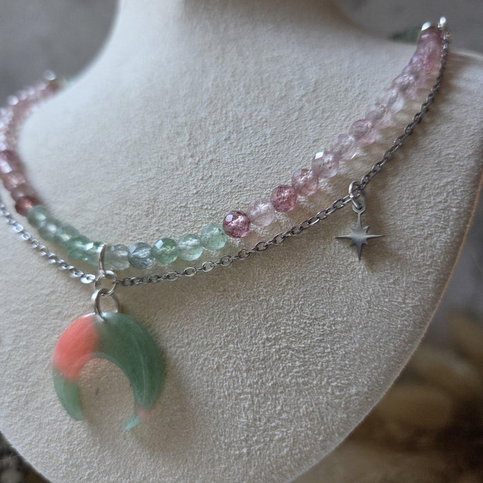 Pink and green quartz crystal necklace with polymer clay moon / handmade / nature jewelry pendant