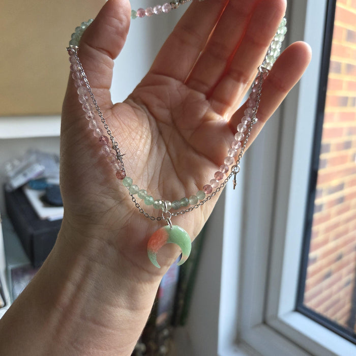 Pink and green quartz crystal necklace with polymer clay moon / handmade / nature jewelry pendant
