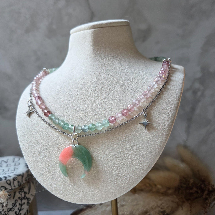 Pink and green quartz crystal necklace with polymer clay moon / handmade / nature jewelry pendant