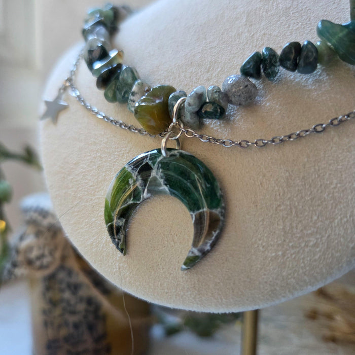 Moss agate crystal necklace with polymer clay moon / handmade / nature jewelry pendant
