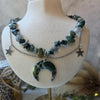 Moss agate crystal necklace with polymer clay moon / handmade / nature jewelry pendant