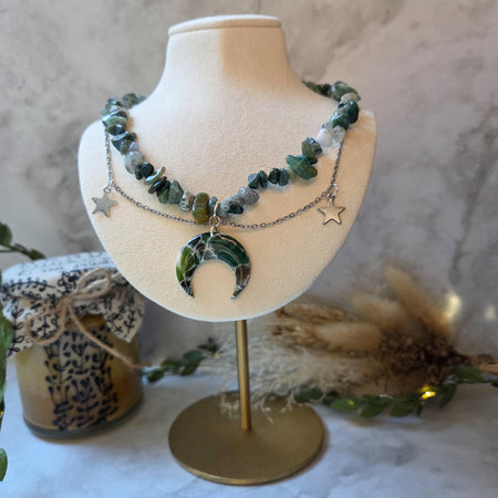 Moss agate crystal necklace with polymer clay moon / handmade / nature jewelry pendant