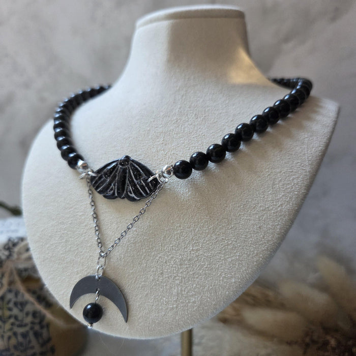 Obsidian crystal necklace with polymer clay moth / handmade / nature jewelry pendant