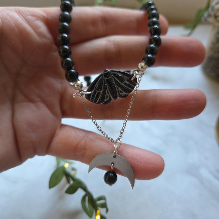 Obsidian crystal necklace with polymer clay moth / handmade / nature jewelry pendant