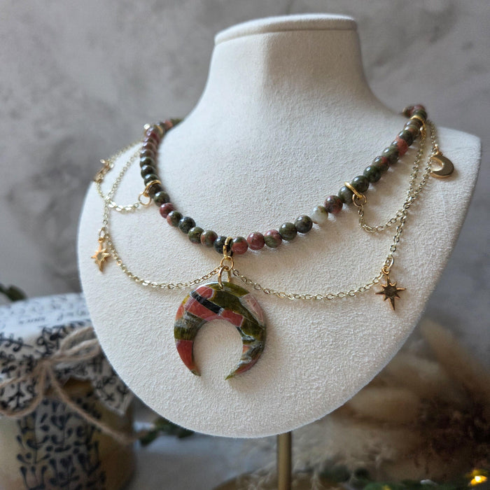 Unakite round beads crystal necklace with polymer clay moon / handmade / nature jewelry pendant