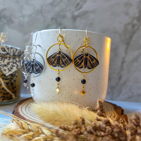 Moth and north stars earrings with obsidian beads