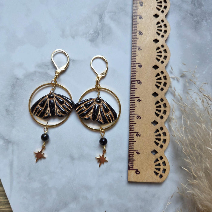 Moth and north stars earrings with obsidian beads