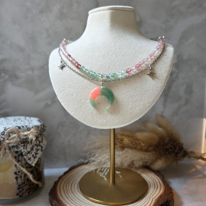 Pink and green quartz crystal necklace with polymer clay moon / handmade / nature jewelry pendant