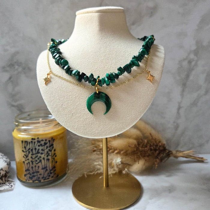 Malachite crystal necklace with polymer clay moon / handmade / nature jewelry pendant