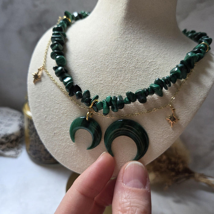 Malachite crystal necklace with polymer clay moon / handmade / nature jewelry pendant