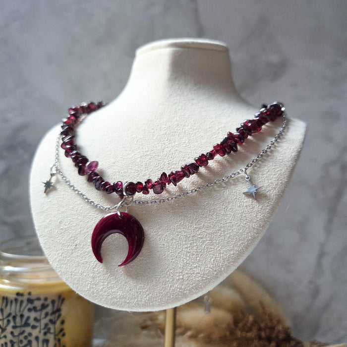 Garnet Stone Necklace With Polymer Clay Moon Pendant