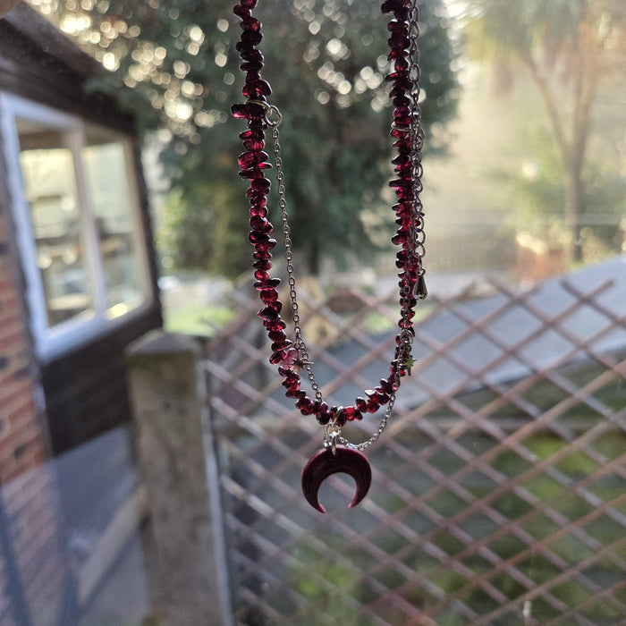 Garnet Stone Necklace With Polymer Clay Moon Pendant