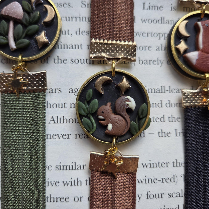 Dark forest elastic ribbon bookmarks adjustable with different subjects / handmade from polymer clay