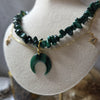 Malachite crystal necklace with polymer clay moon / handmade / nature jewelry pendant