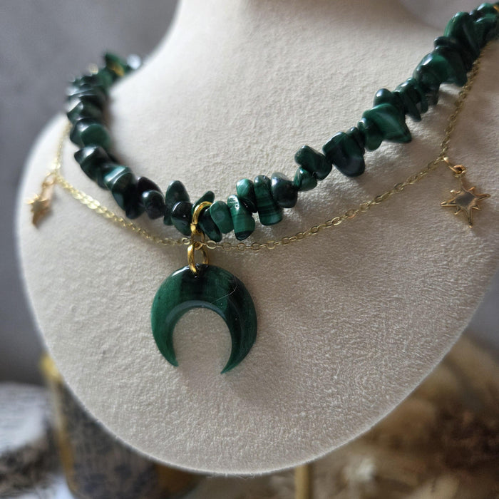 Malachite crystal necklace with polymer clay moon / handmade / nature jewelry pendant