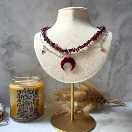 Garnet Stone Necklace With Polymer Clay Moon Pendant