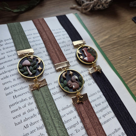 Dark forest elastic ribbon bookmarks adjustable with different subjects / handmade from polymer clay