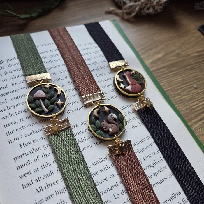 Dark forest elastic ribbon bookmarks adjustable with different subjects / handmade from polymer clay