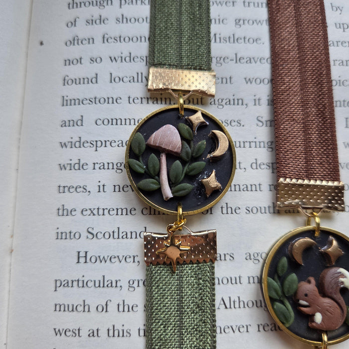 Dark forest elastic ribbon bookmarks adjustable with different subjects / handmade from polymer clay