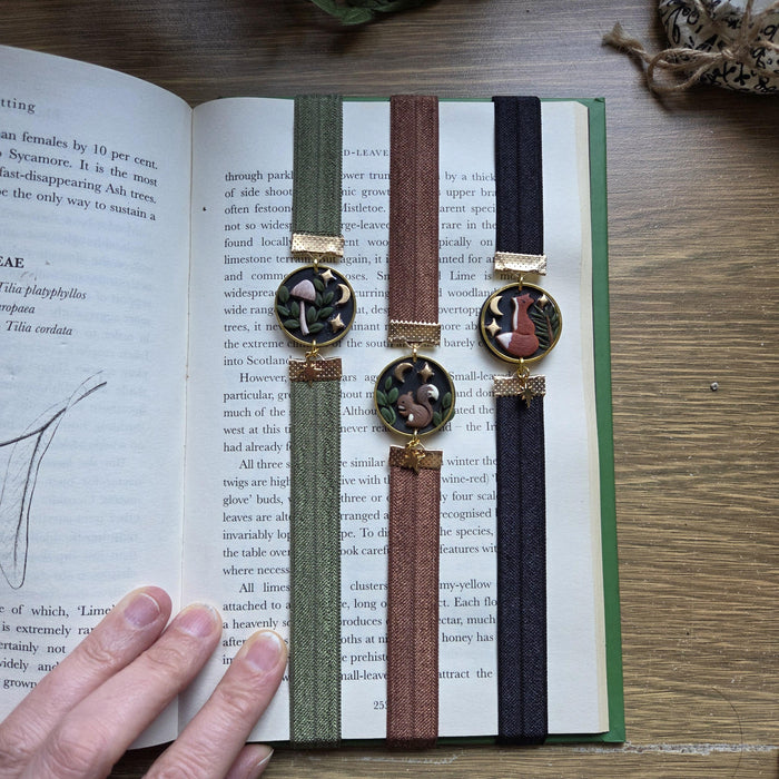 Dark forest elastic ribbon bookmarks adjustable with different subjects / handmade from polymer clay