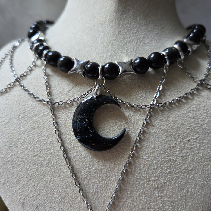 Obsidian beads crystal necklace with polymer clay moon / handmade / nature jewelry pendant