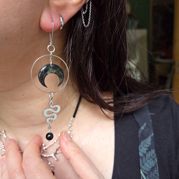 Handmade Snake and Moon Earrings: Polymer Clay, Obsidian Beads