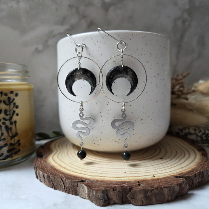 Handmade Snake and Moon Earrings: Polymer Clay, Obsidian Beads