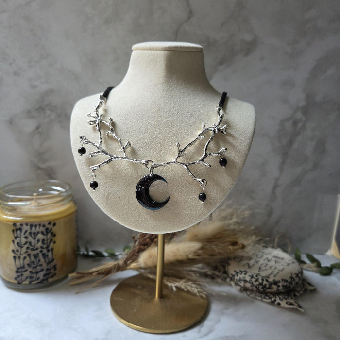 Tree Branches Necklace with Polymer Clay Moon Pendant