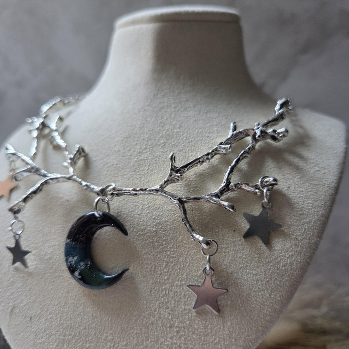 Tree Branches Necklace with Polymer Clay Moon Pendant