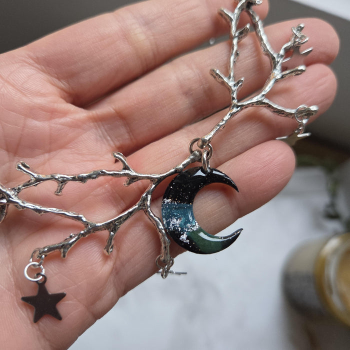 Tree Branches Necklace with Polymer Clay Moon Pendant