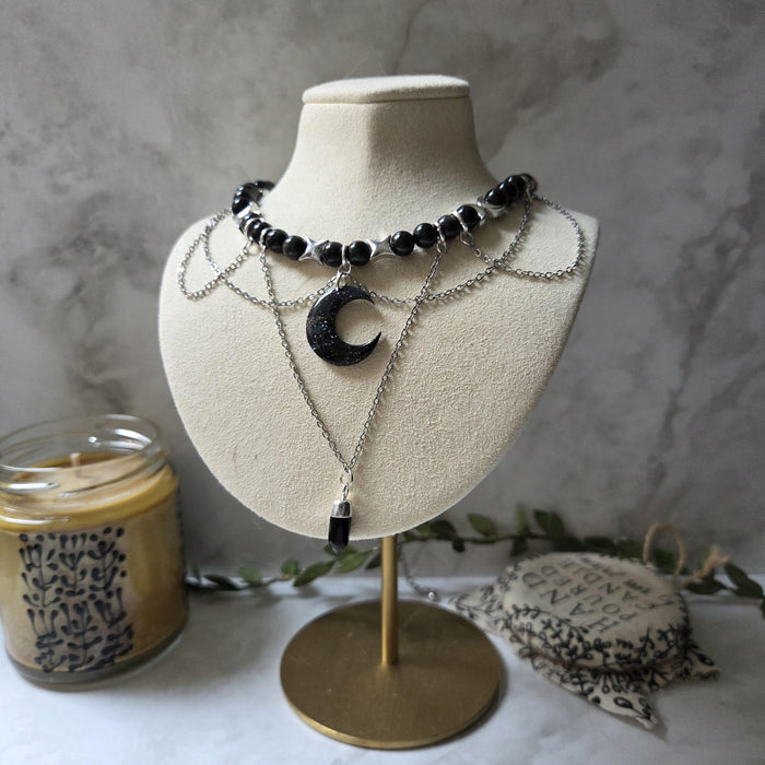 Obsidian beads crystal necklace with polymer clay moon / handmade / nature jewelry pendant