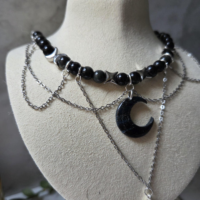 Obsidian beads crystal necklace with polymer clay moon / handmade / nature jewelry pendant