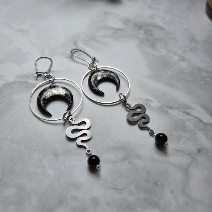 Handmade Snake and Moon Earrings: Polymer Clay, Obsidian Beads
