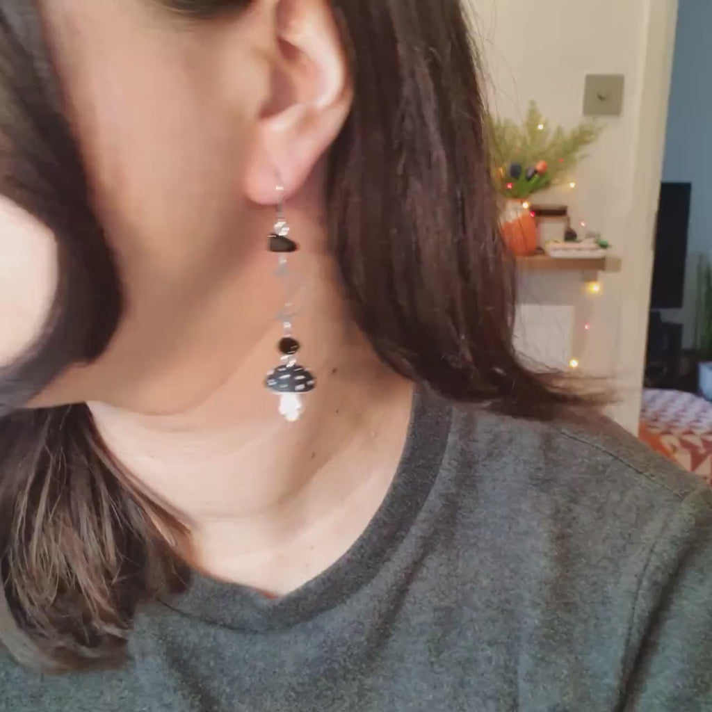 Mushroom earrings and necklace with obsidian stones / nature woodlands forestcore