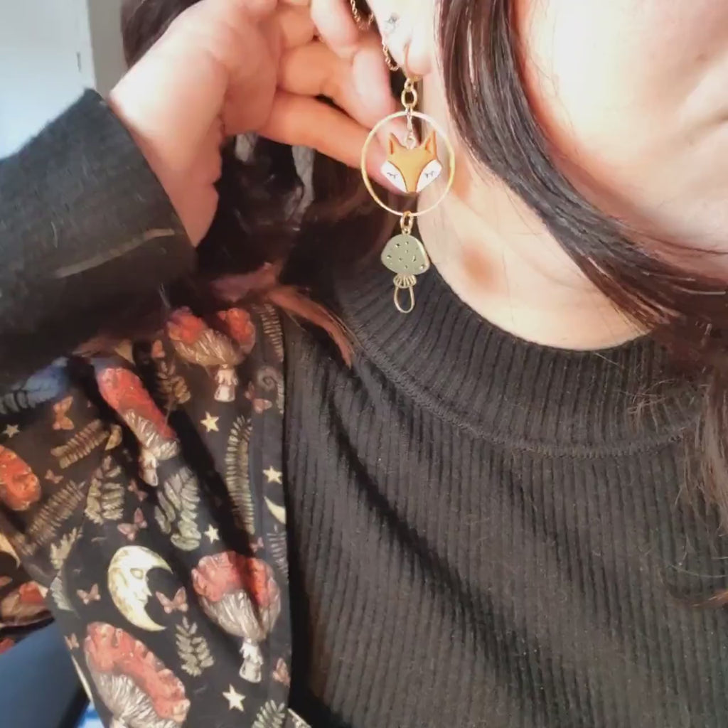 Fox heads earrings with mushrooms / nature woodlands moon sun