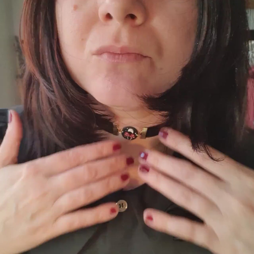 Black choker with moth, moon, and rainbow fluorite stone / handmade from polymer clay / nature jewelry pendant