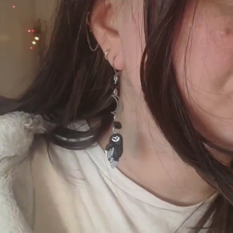 Barn owl earrings with moon and obsidian stones / nature woodlands forestcore